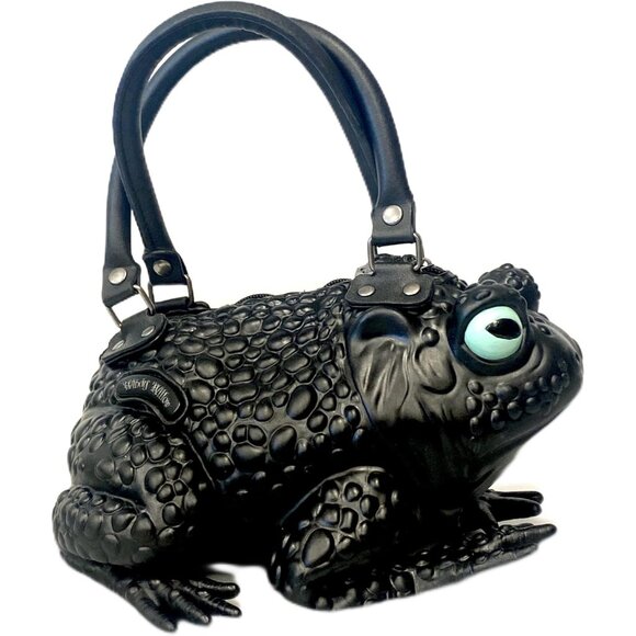 Gothic Black Toad Handbag with Green Glow Eyes - Stylish Vegan Crossbody Purse - Picture 1 of 7
